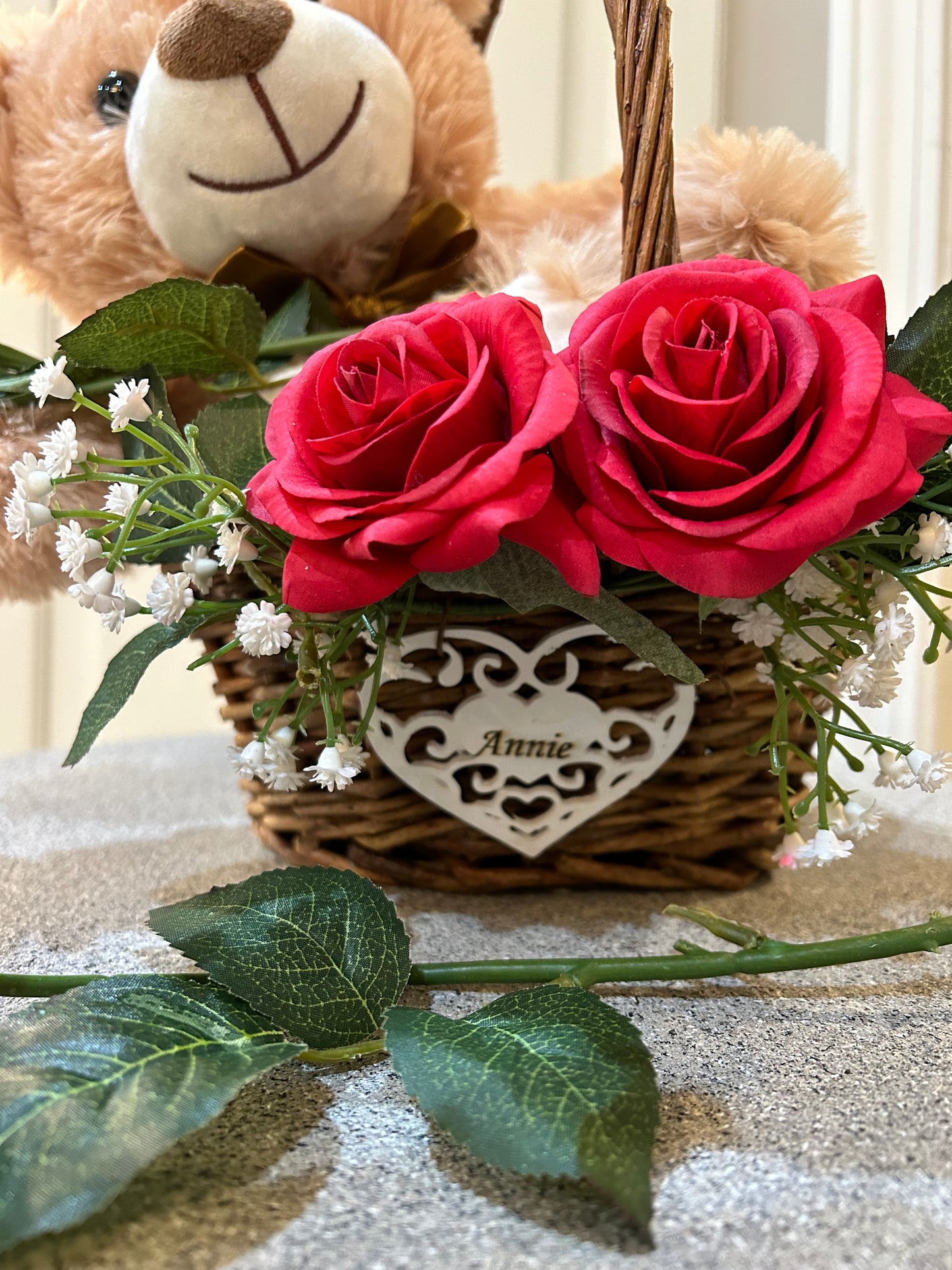 Sweetheart Bear Personalized Engraved Basket with Red Roses