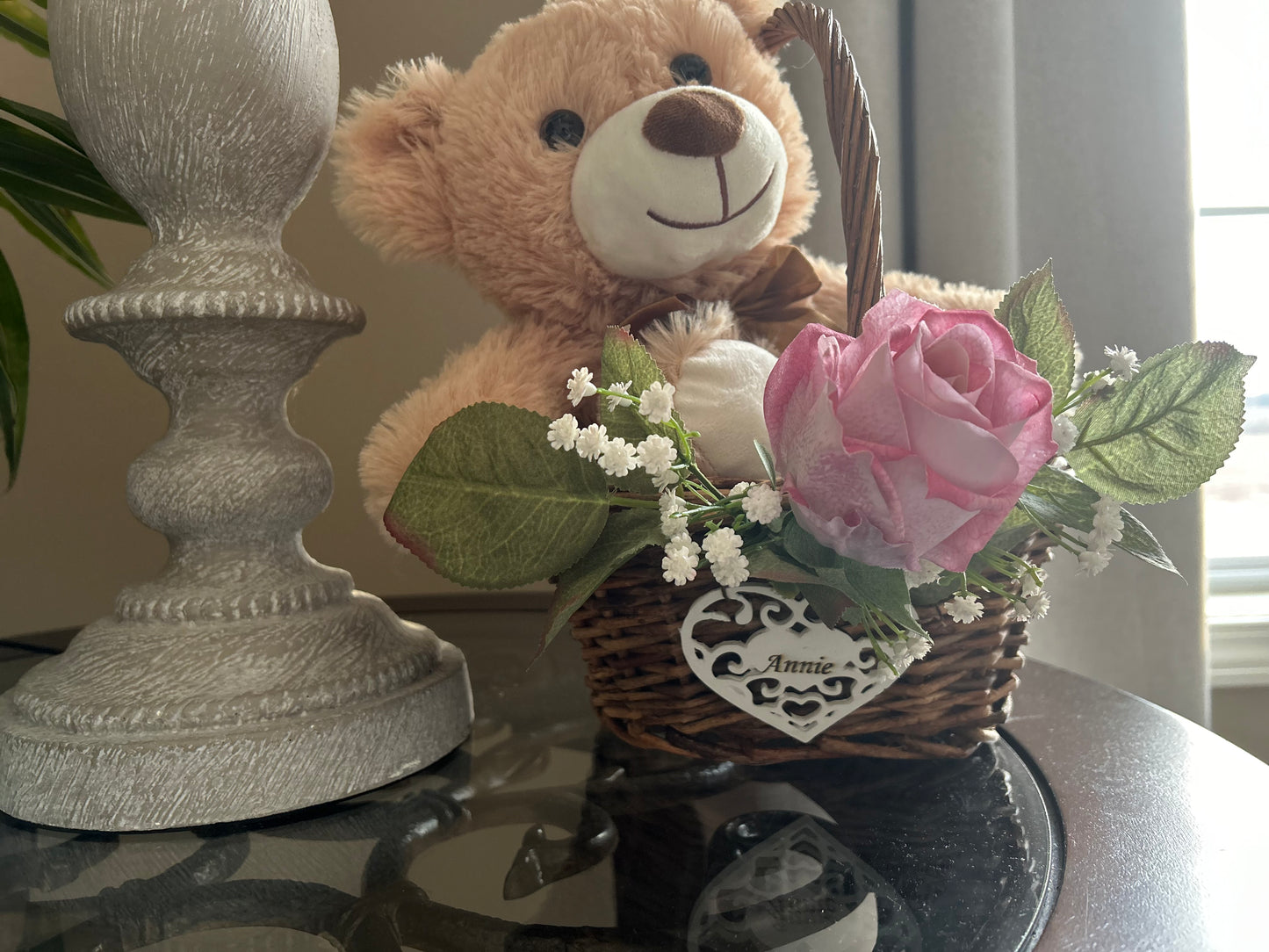 Sweetheart Bear Personalized Engraved Basket with Pink Roses