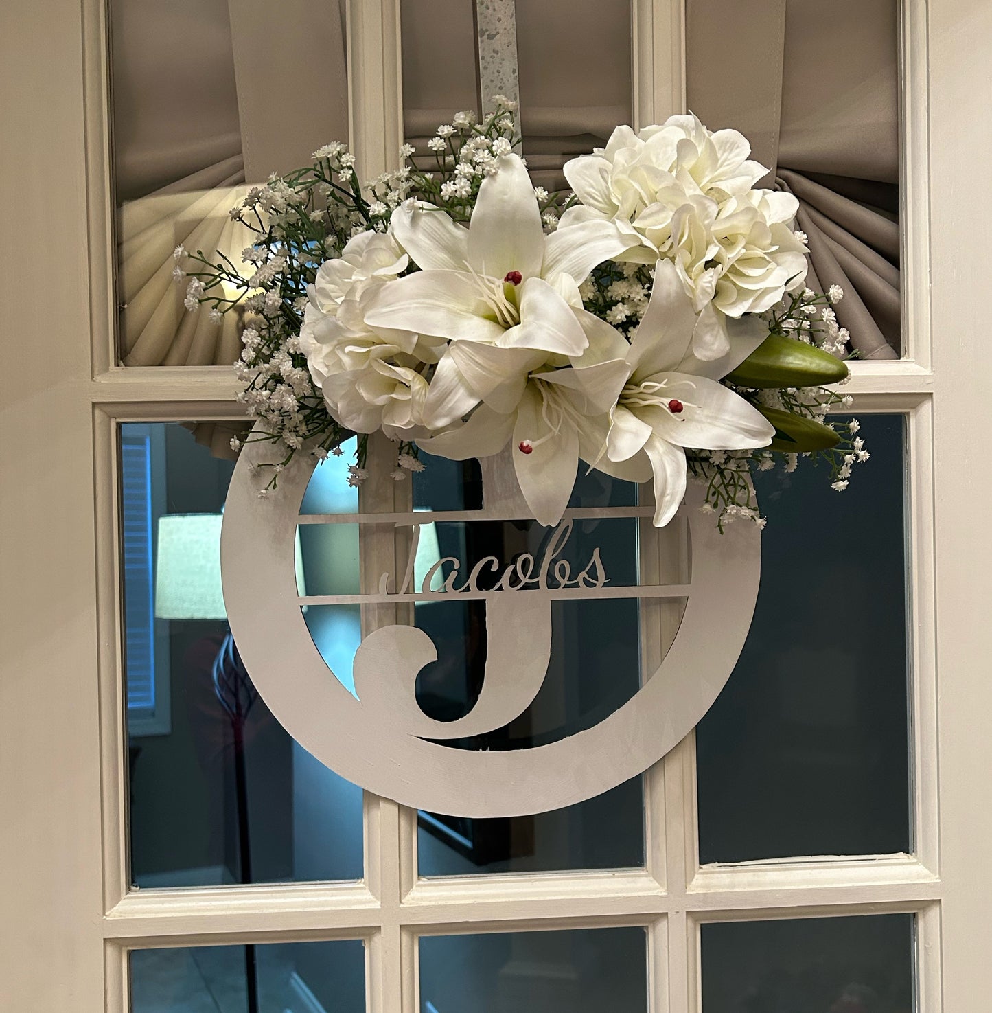 Personalized Wooden Split Letter Hydrangea, Lily & Baby’s Breath Door Hanger