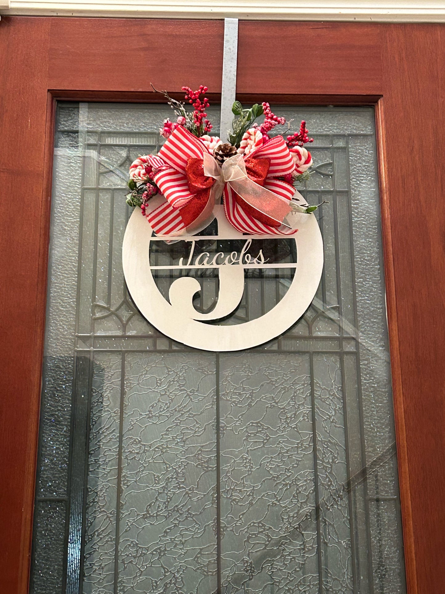 Personalized Wooden Split Letter Peppermint and Holly Christmas Door Hanger