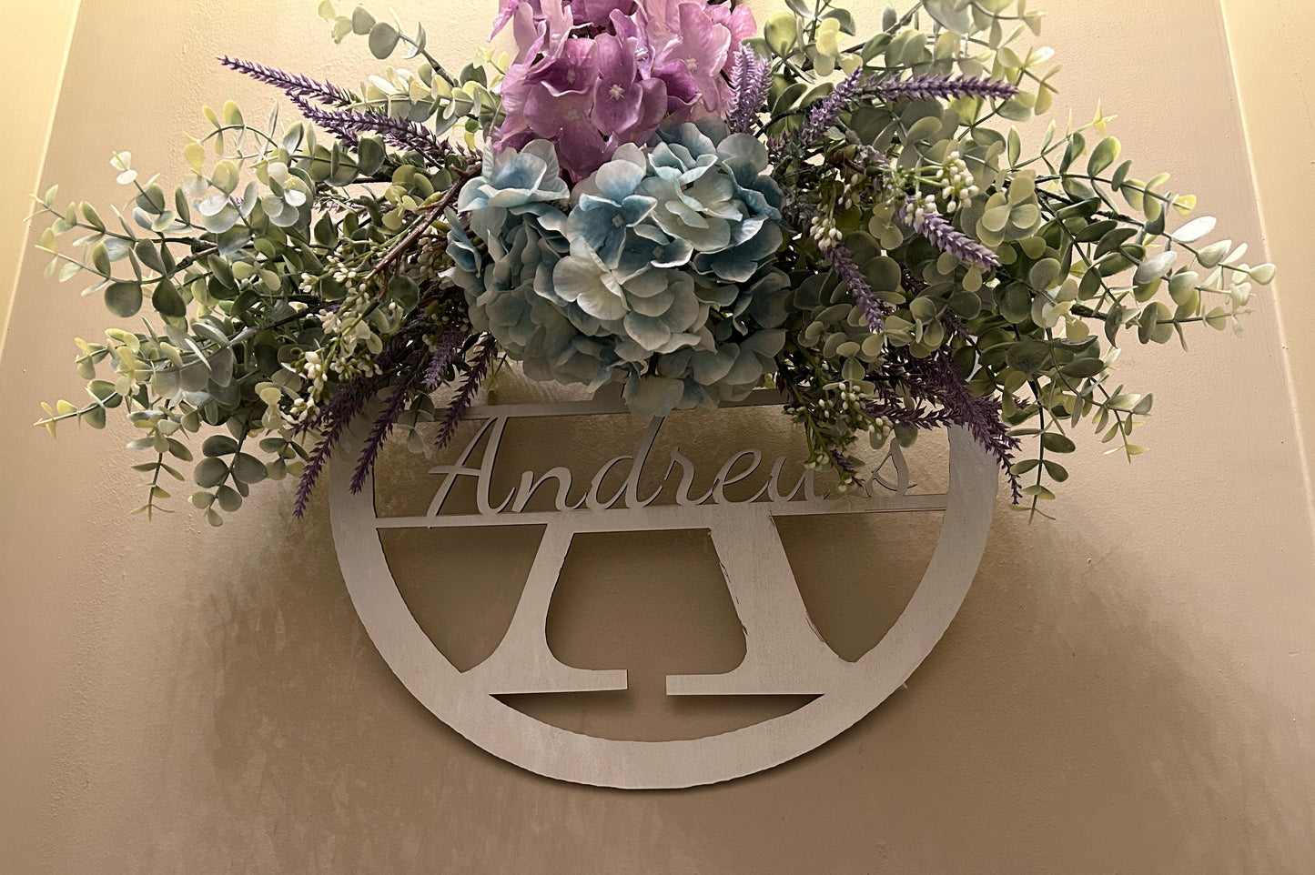 Personalized Spring Wooden Wreath in Lavender and Light Blue