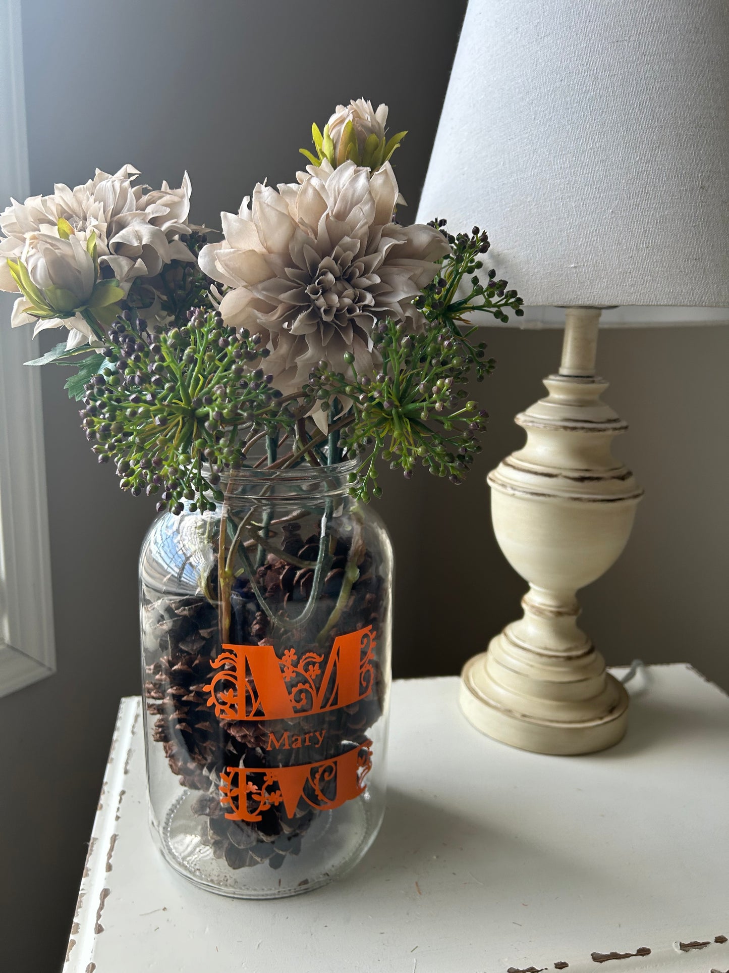Personalized Monogram Initial Autumn Floral Arrangement in Orange & Taupe