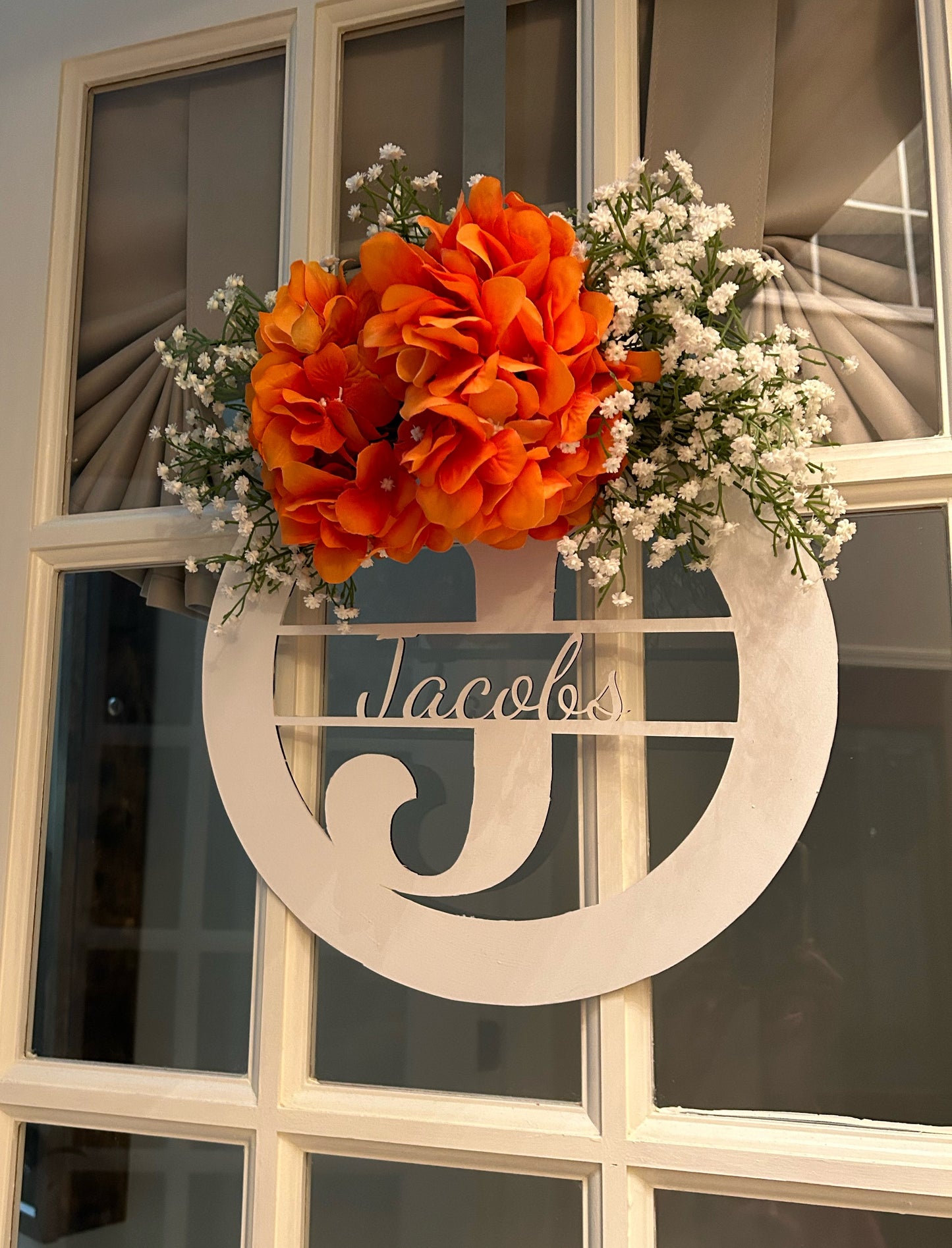 Personalized Wooden Split Letter Hydrangea and Baby’s Breath Door Hanger in Multiple Colors