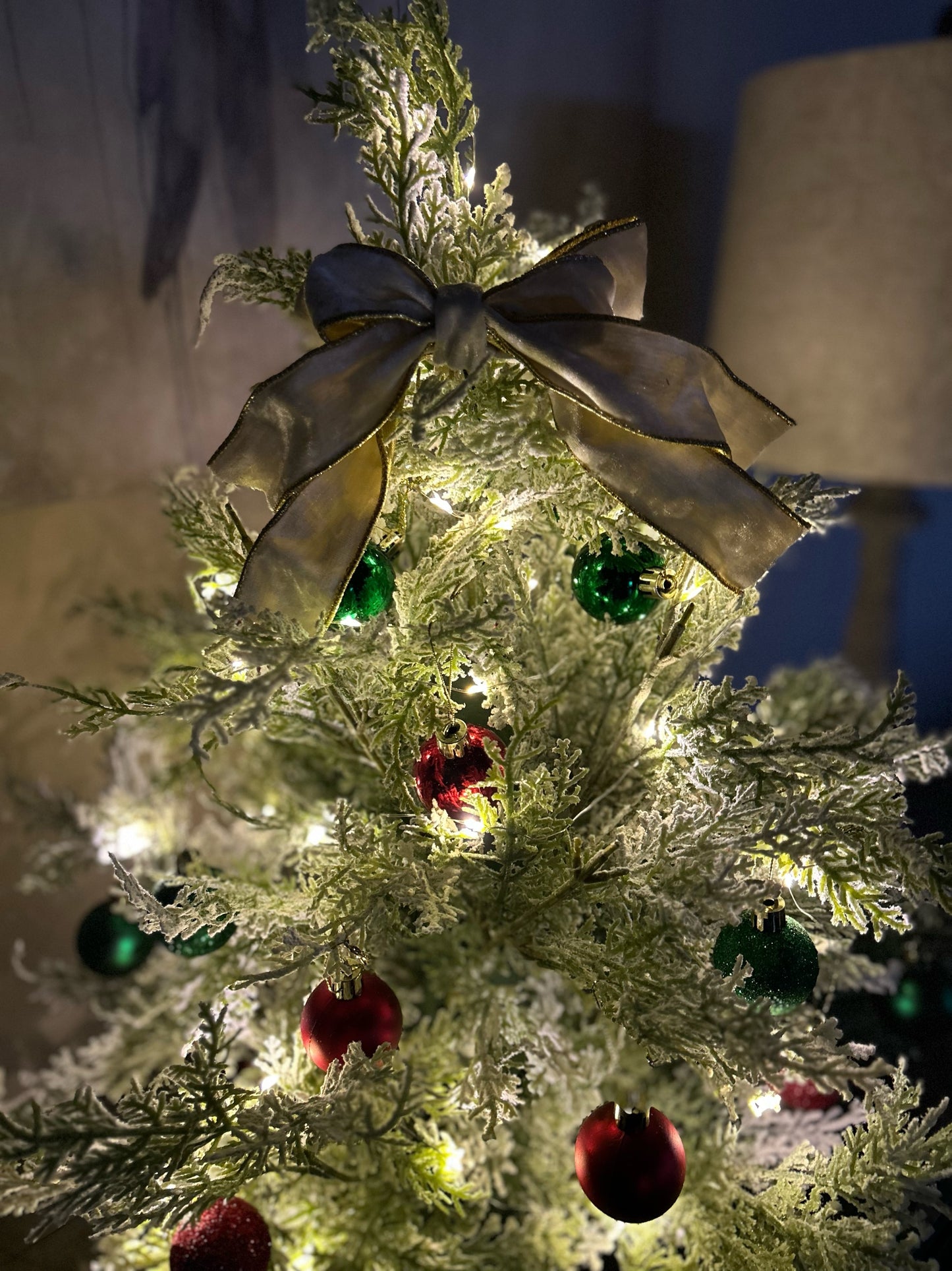 Frosted Table Top Christmas Tree in Red Green & Gold