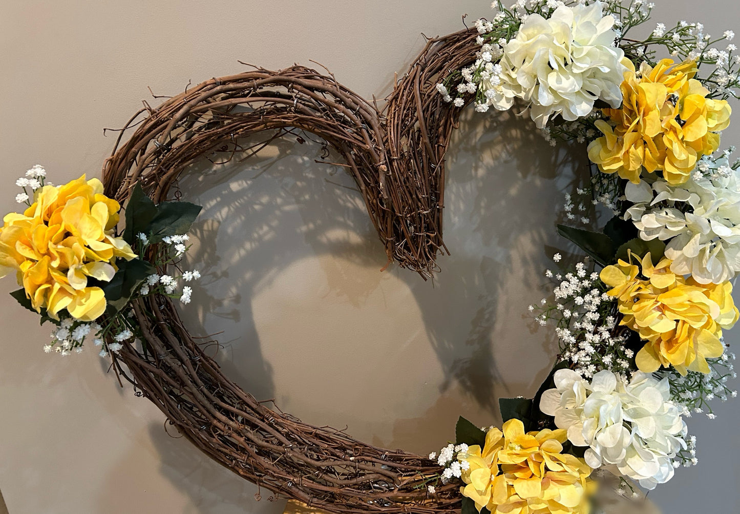 Heart of Love Hydrangea & Baby’s Breath Grapevine Wreath