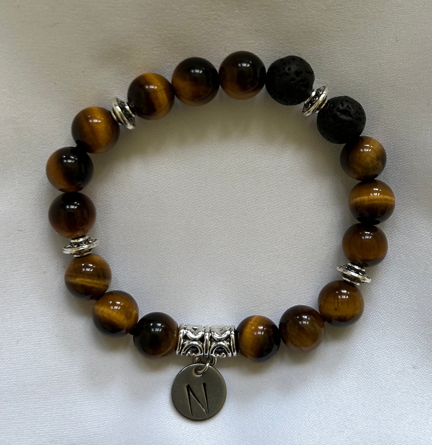 Monogram Initial Tiger Eye and Lava Beaded Bracelet