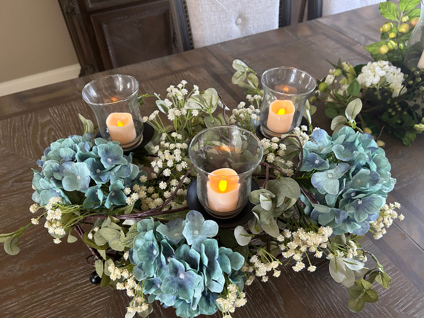 Hydrangea and Baby’s Breath Candelabrum