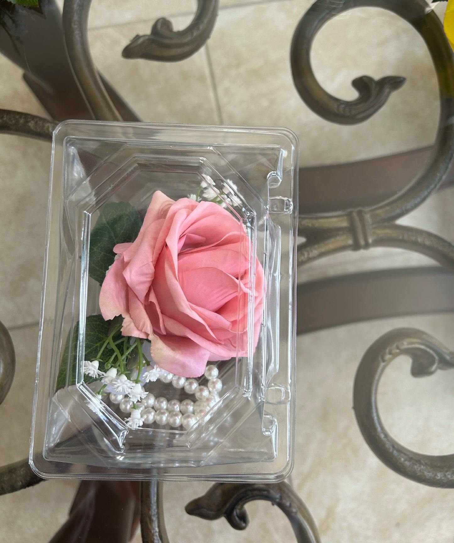 Pink Rose & Baby’s Breath Pearl Wristband Corsage