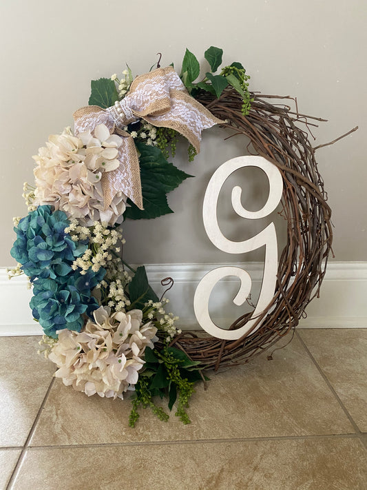 Wedding Hydrangea Grapevine Wreath with Burlap Bow