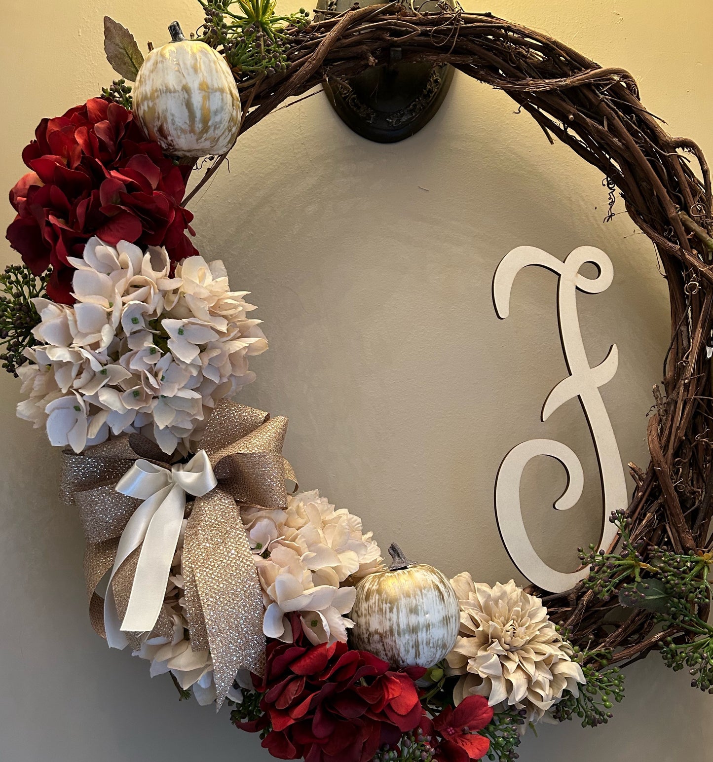 Monogram Initial Hydrangea Berry & Pumpkin Wreath in Red and Taupe