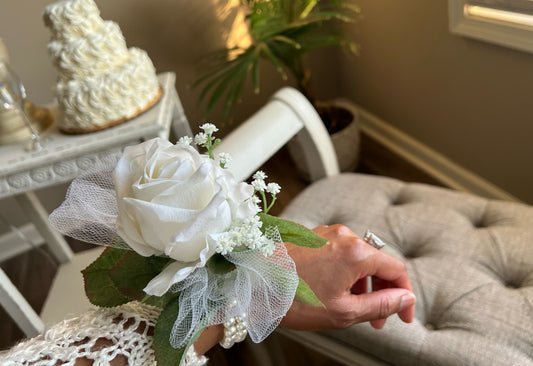 White Rose & Baby’s Breath Pearl Wristband Corsage