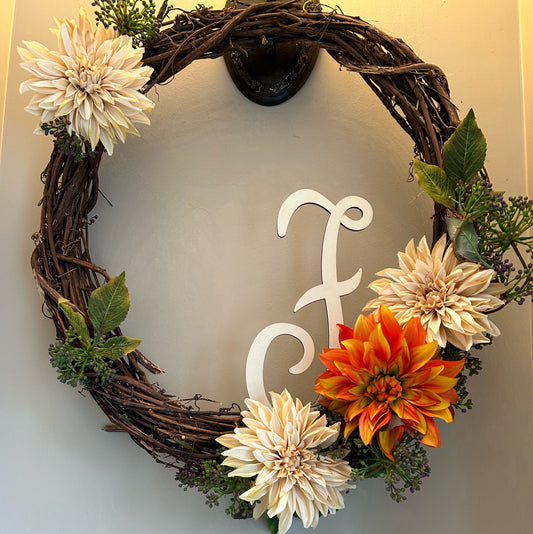 Monogram Initial Dahlia and Berry Wreath in Taupe and Orange