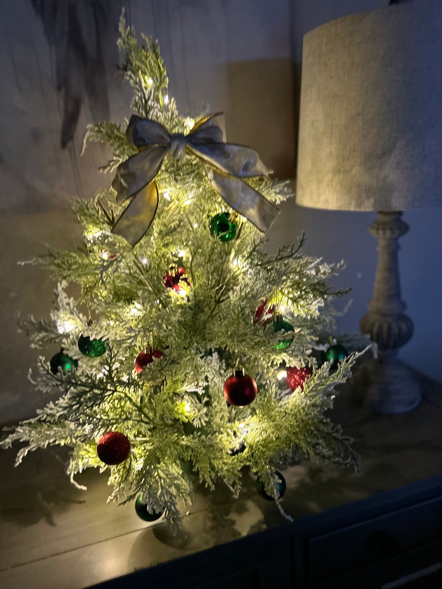 Frosted Table Top Christmas Tree in Red Green & Gold
