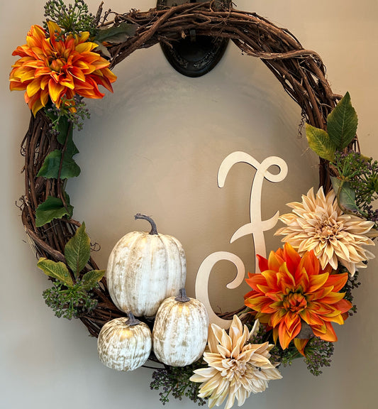 Monogram Initial Dahlia Berry & Pumpkin Wreath in Taupe and Orange