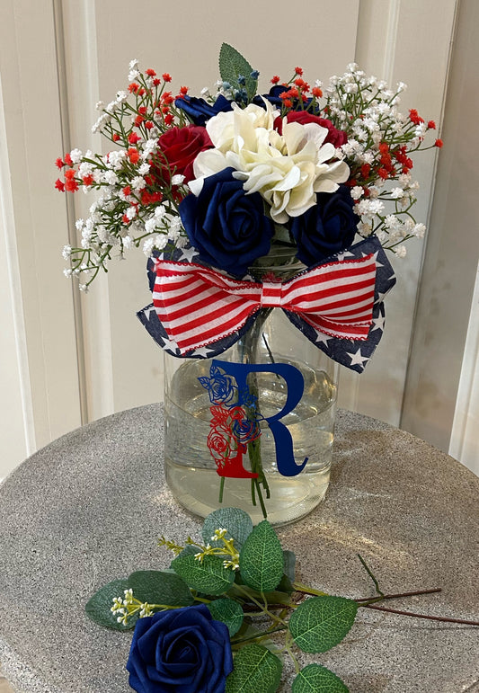 Personalized Patriotic Hydrangea & Rose Arrangement