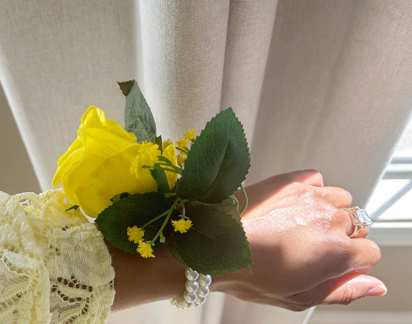 Yellow Rose & Baby’s Breath Pearl Wristband Corsage