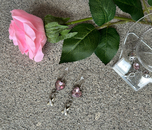 Breast Cancer Awareness Hope Ribbon & Heart Earrings