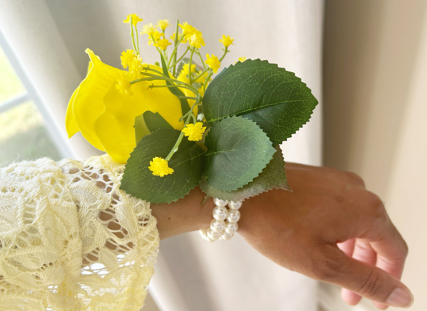 Yellow Rose & Baby’s Breath Pearl Wristband Corsage