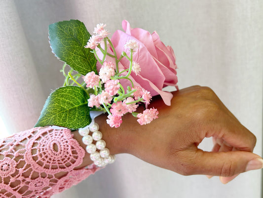 Pink Rose & Baby’s Breath Pearl Wristband Corsage