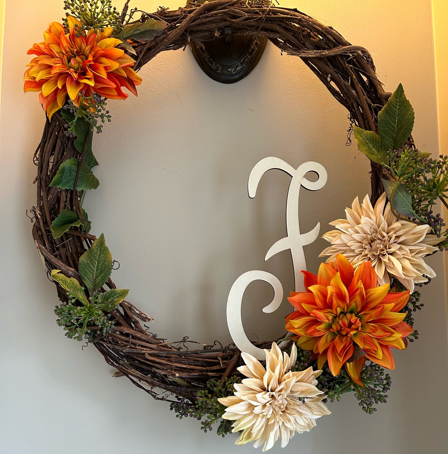 Monogram Initial Dahlia and Berry Wreath in Taupe and Orange