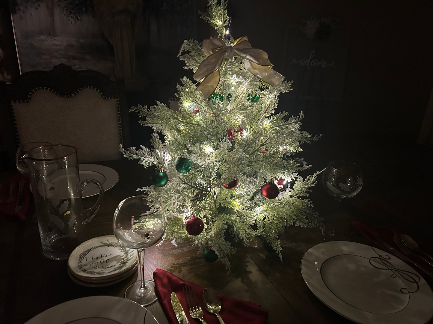 Frosted Table Top Christmas Tree in Red Green & Gold