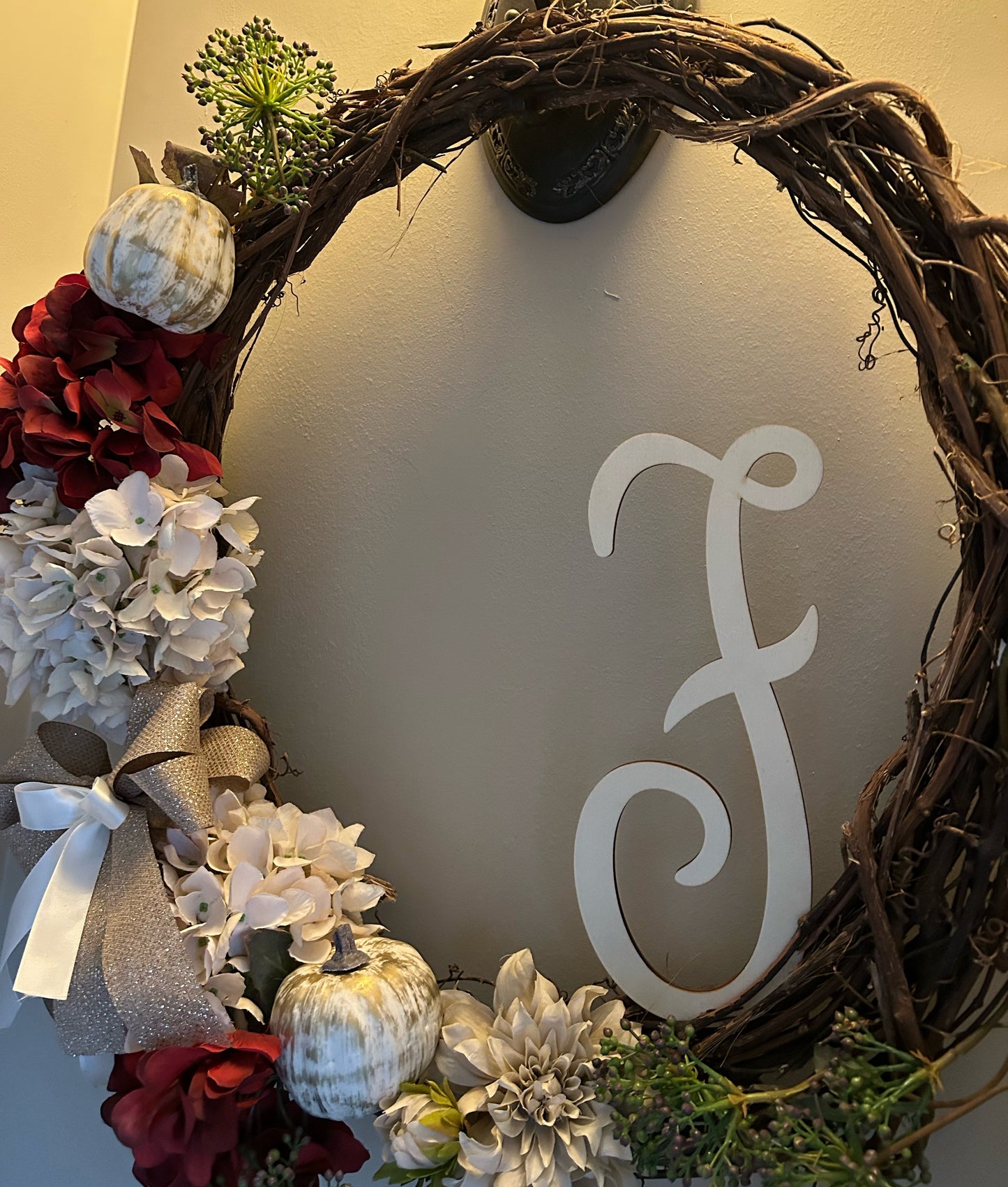 Monogram Initial Hydrangea Berry & Pumpkin Wreath in Red and Taupe