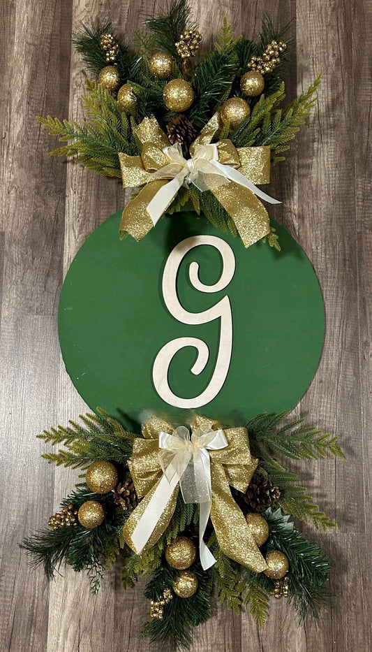 Monogram Initial Christmas Ornament Door Hanger Swag in Green & Gold