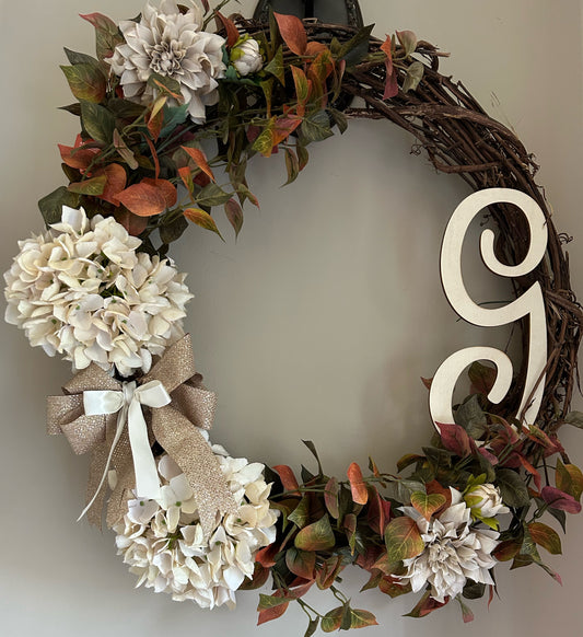 Monogram Initial Hydrangea  & Dahlia Wreath in Ivory & Taupe