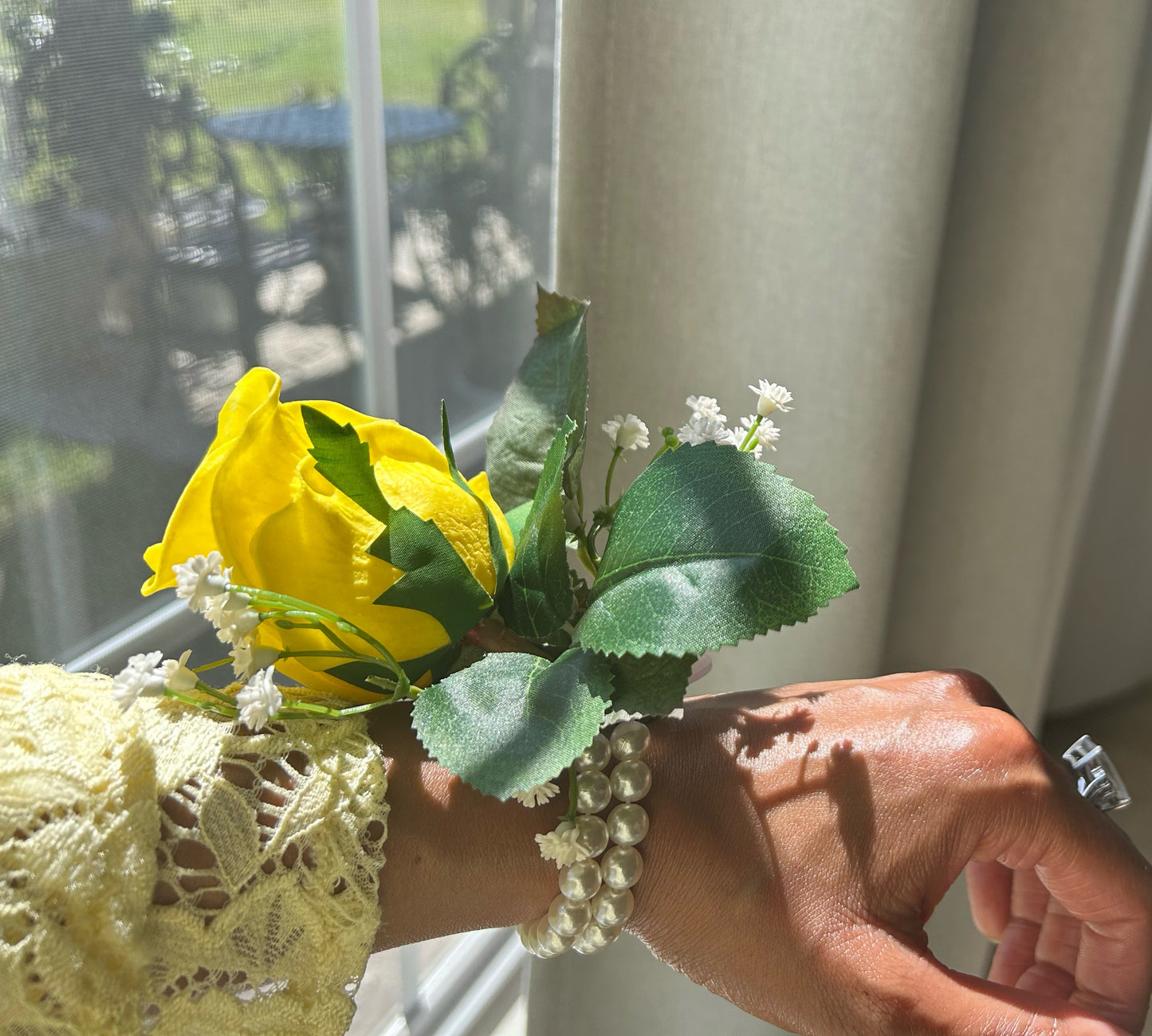 Yellow Rose & Baby’s Breath Pearl Wristband Corsage