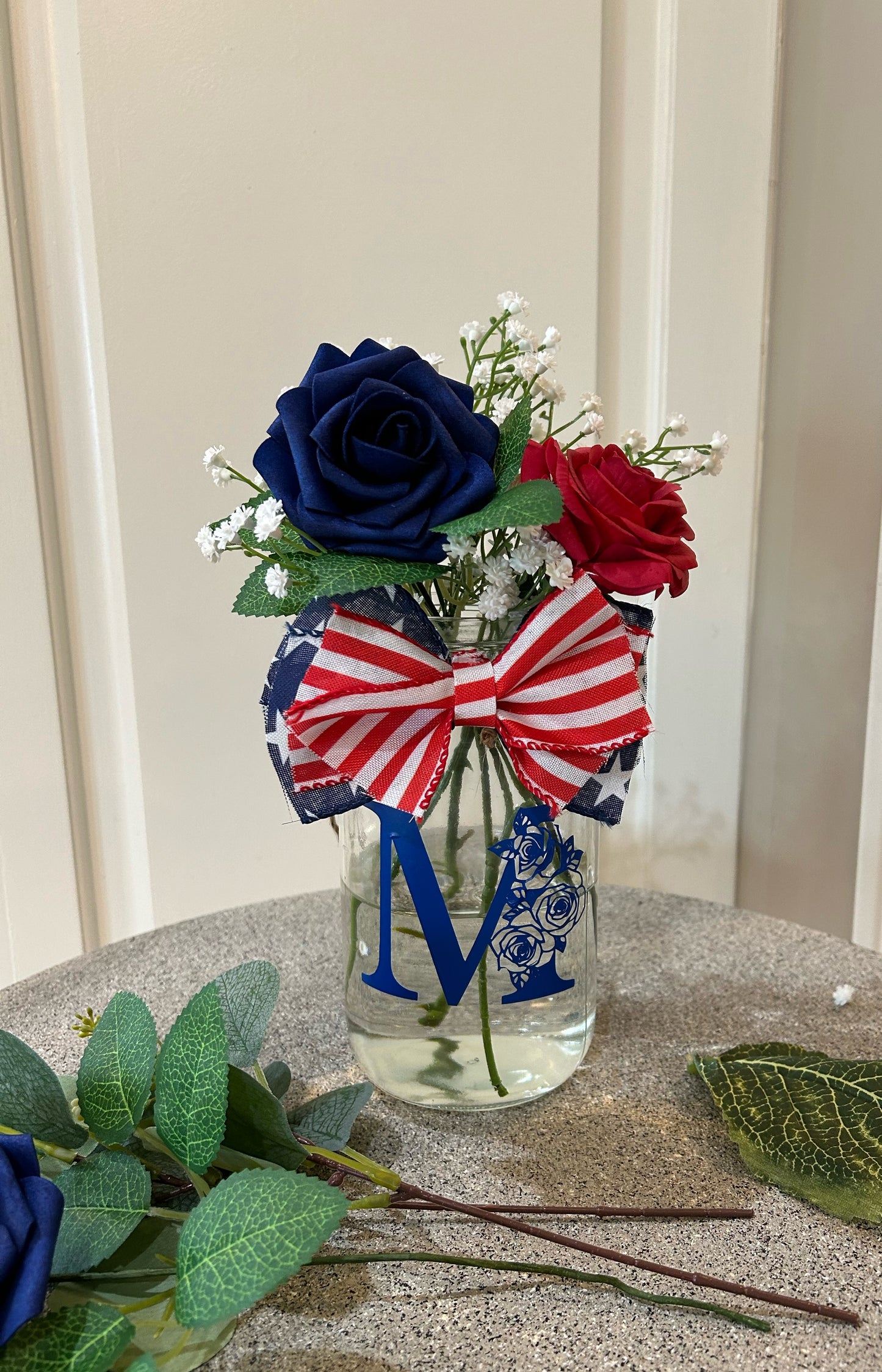 Personalized Patriotic Hydrangea & Rose Arrangement 32 oz