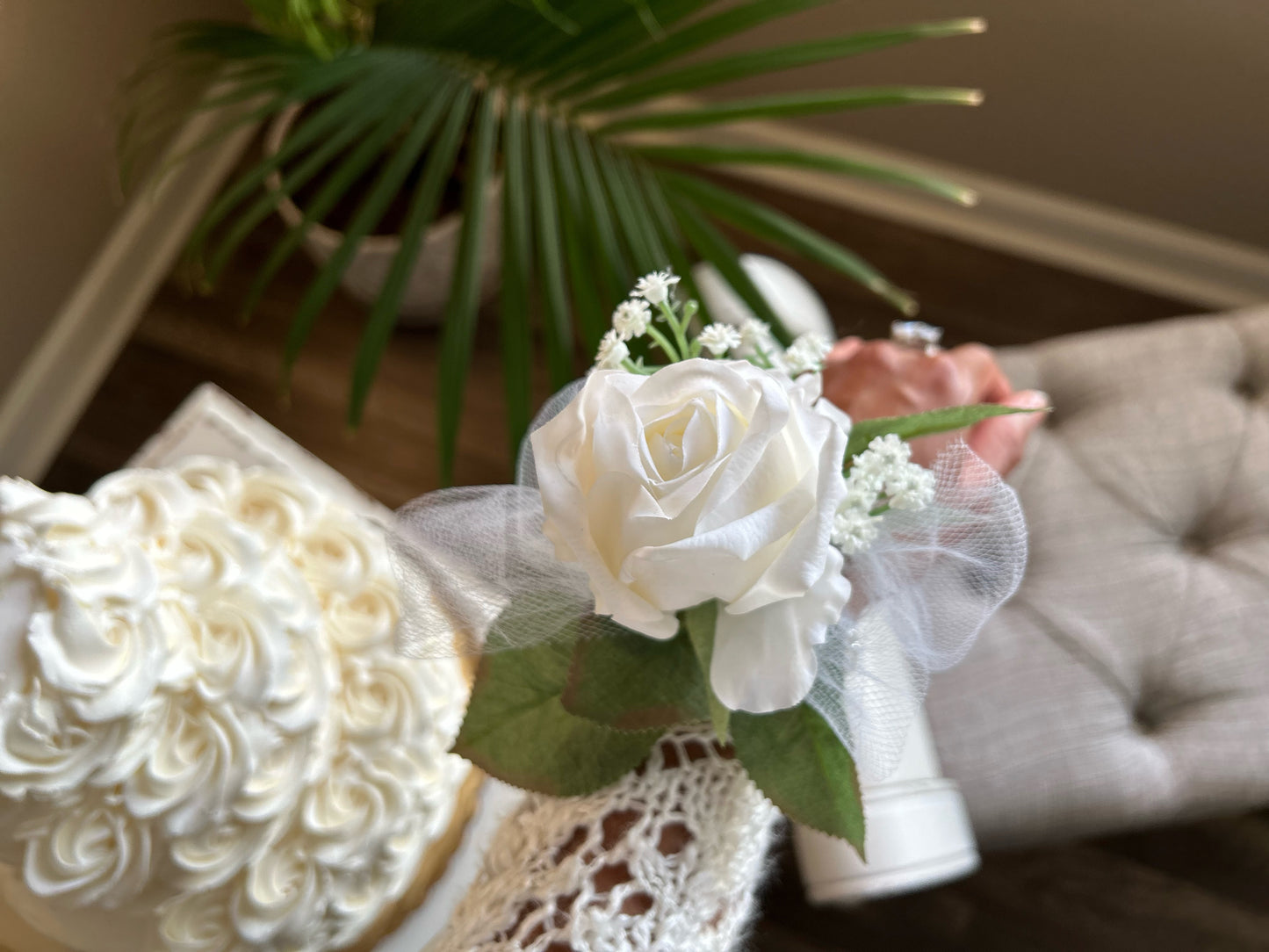 White Rose & Baby’s Breath Pearl Wristband Corsage