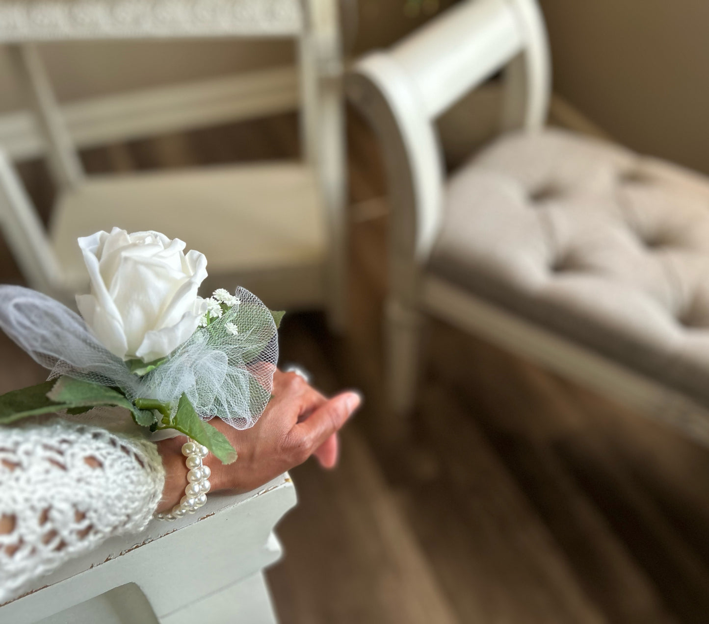 White Rose & Baby’s Breath Pearl Wristband Corsage