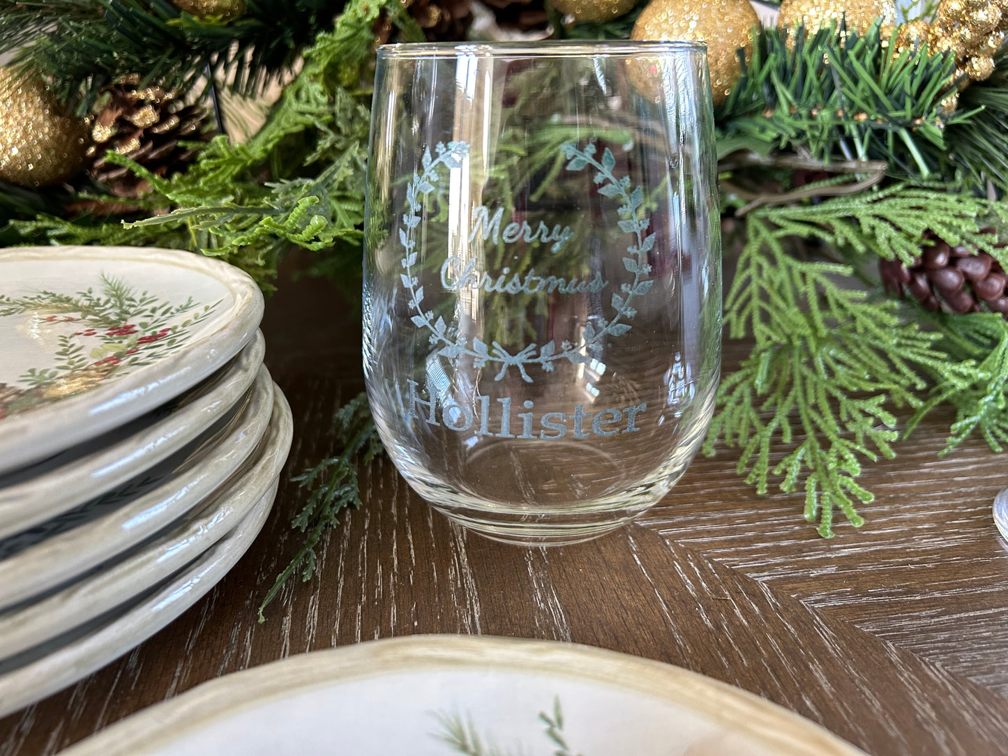 Personalized Engraved Christmas Holly Scroll Wine Glass