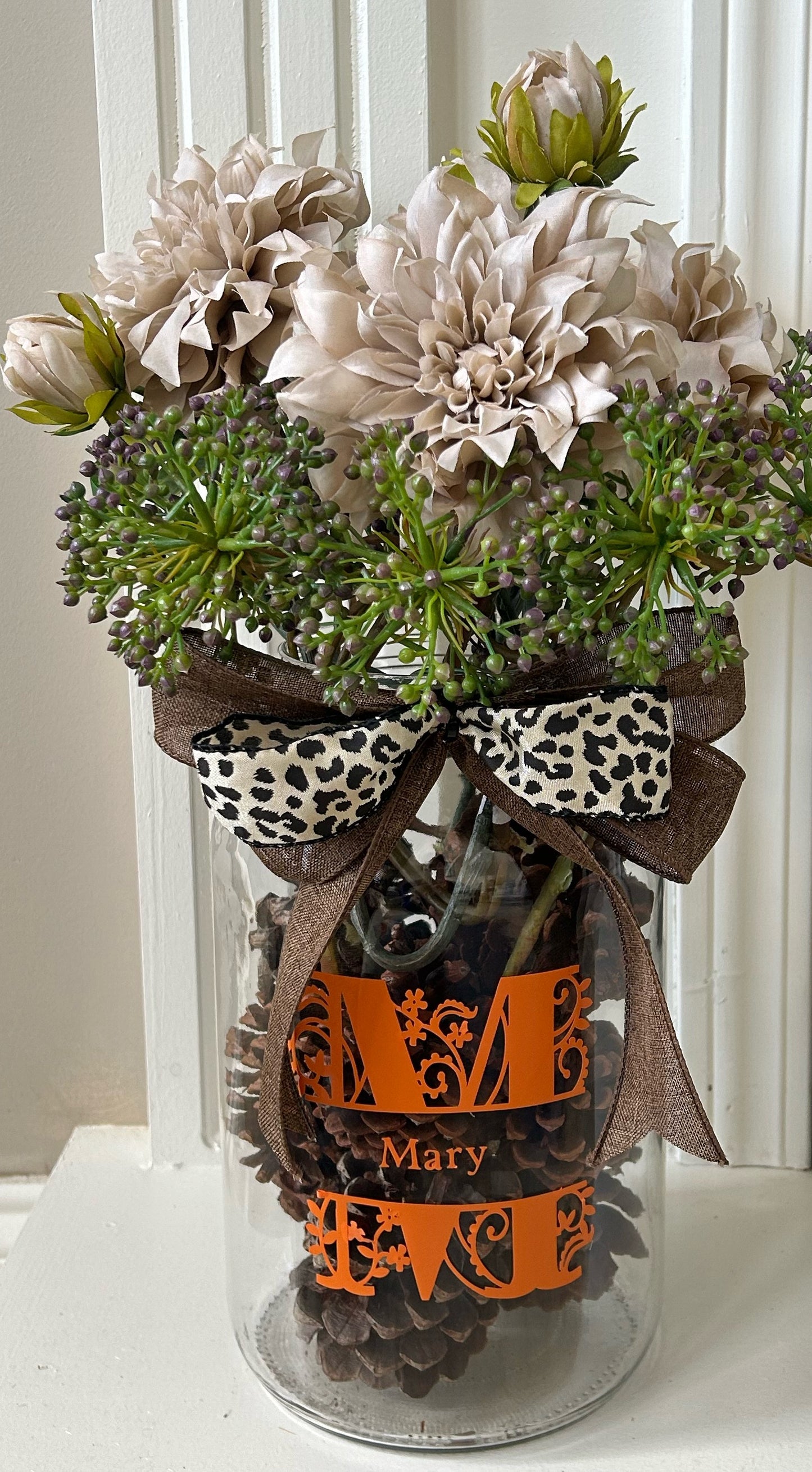 Personalized Monogram Initial Autumn Floral Arrangement in Orange & Taupe