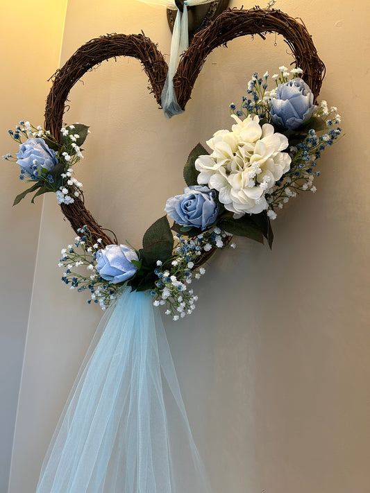 Grapevine Heart & Tulle Wreath in Light Blue