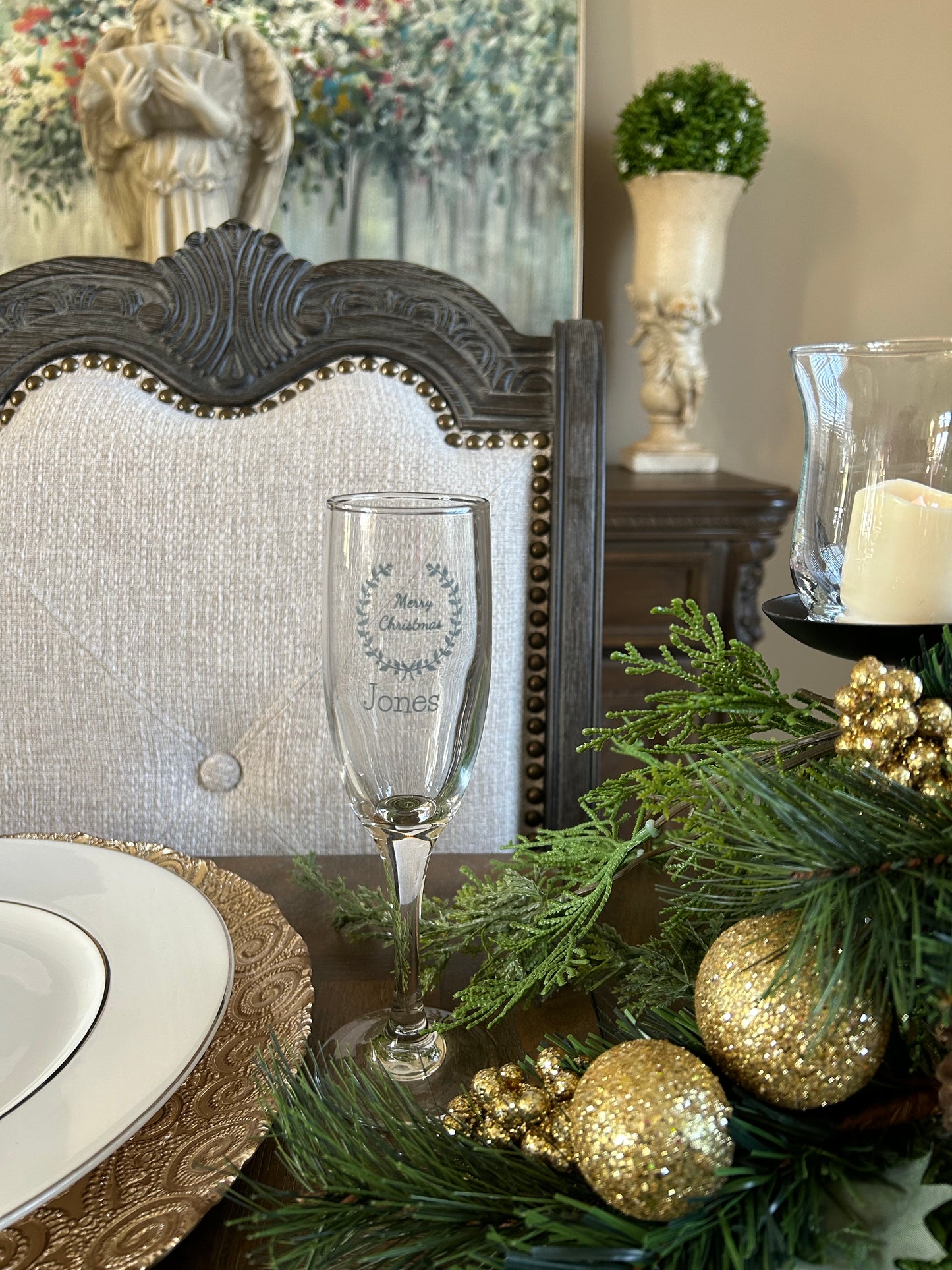 Personalized Christmas Holly Scroll Champagne Glass Set