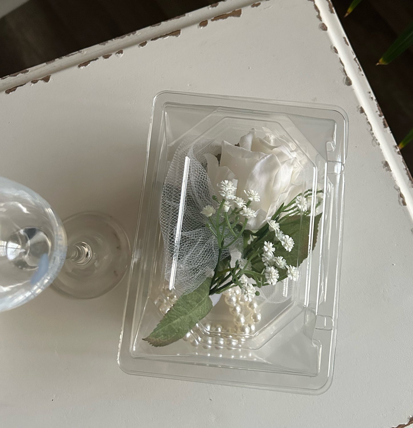 White Rose & Baby’s Breath Pearl Wristband Corsage