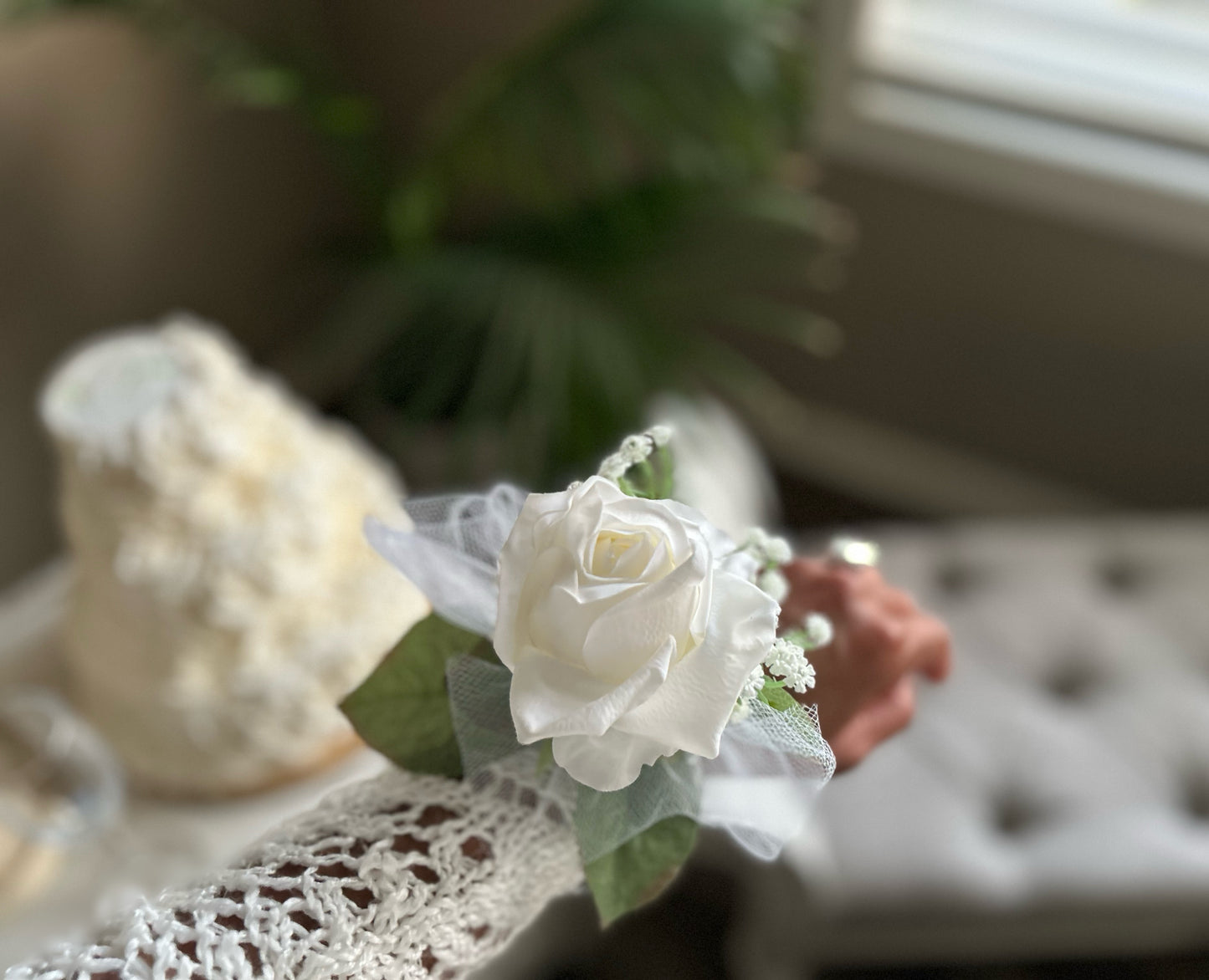 White Rose & Baby’s Breath Pearl Wristband Corsage