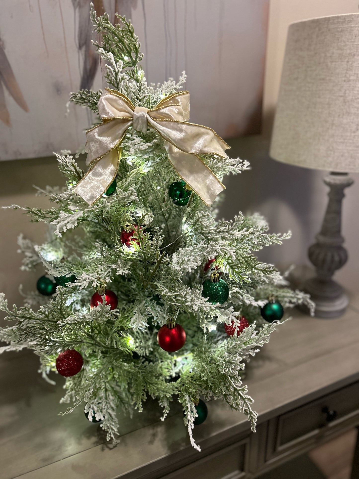 Frosted Table Top Christmas Tree in Red Green & Gold