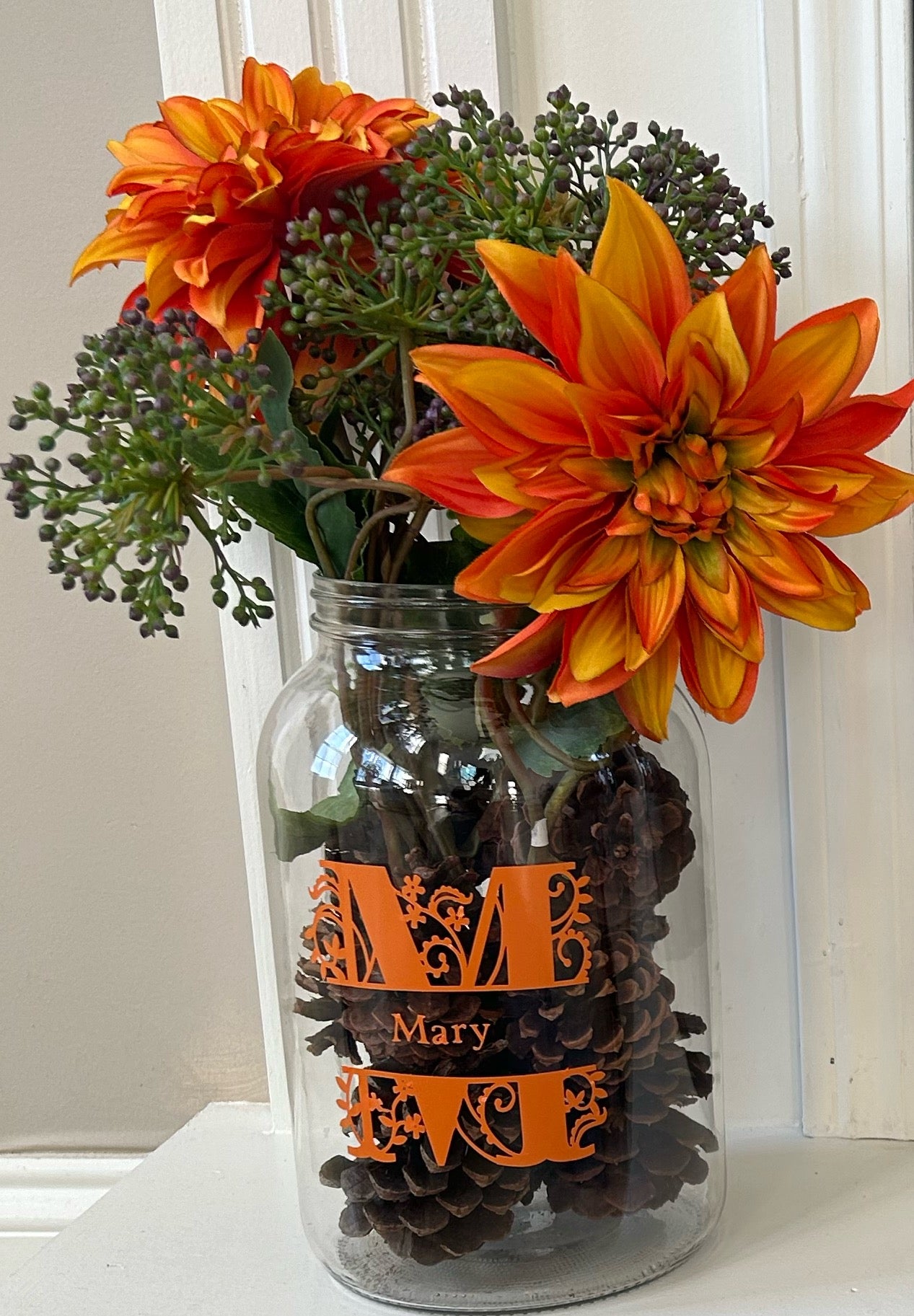 Personalized Monogram Initial Autumn Floral Arrangement in Orange