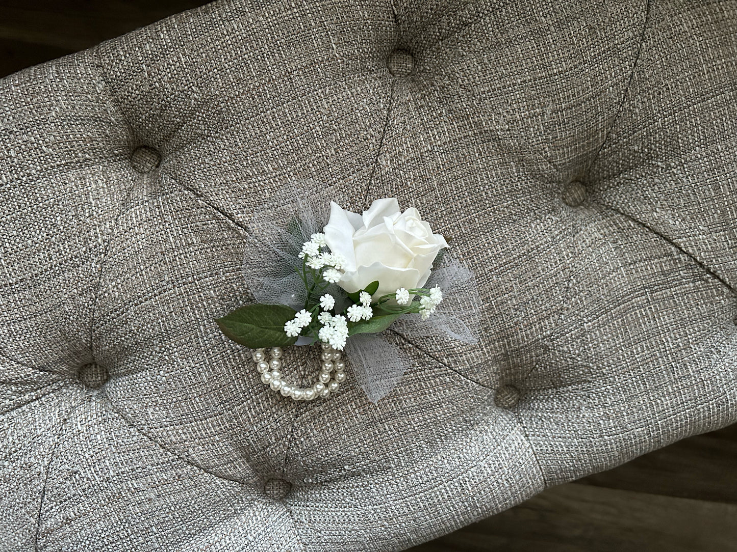 White Rose & Baby’s Breath Pearl Wristband Corsage