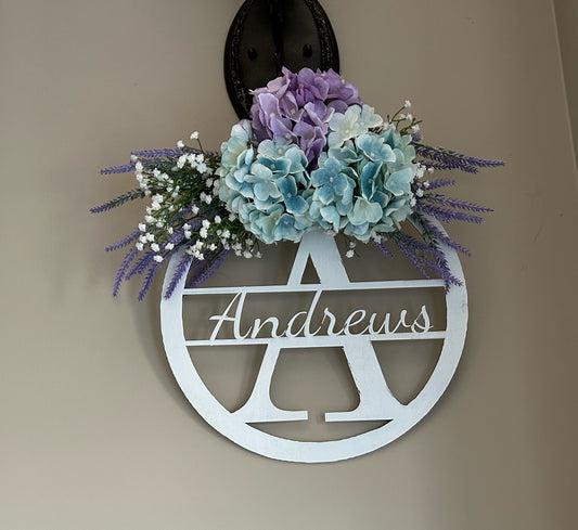 Personalized Spring Wooden Wreath in Lavender and Light Blue