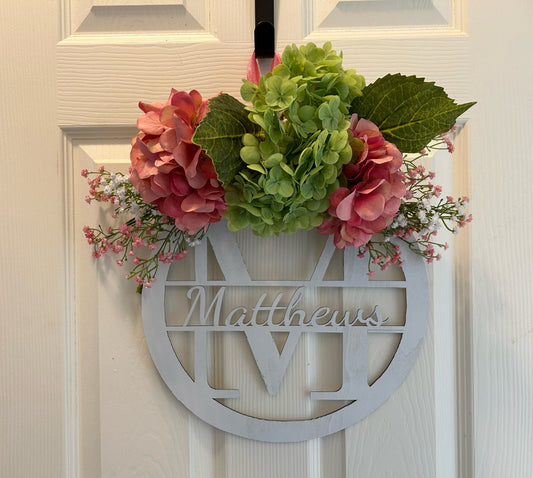 Personalized Spring Wooden Wreath in Pink & Green