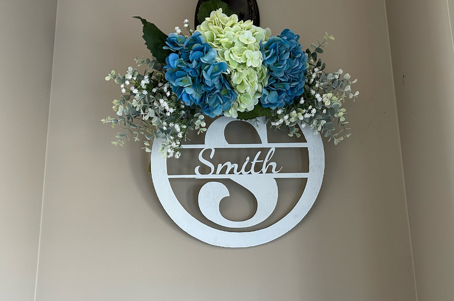 Personalized Spring Wooden Wreath in Blue & Green