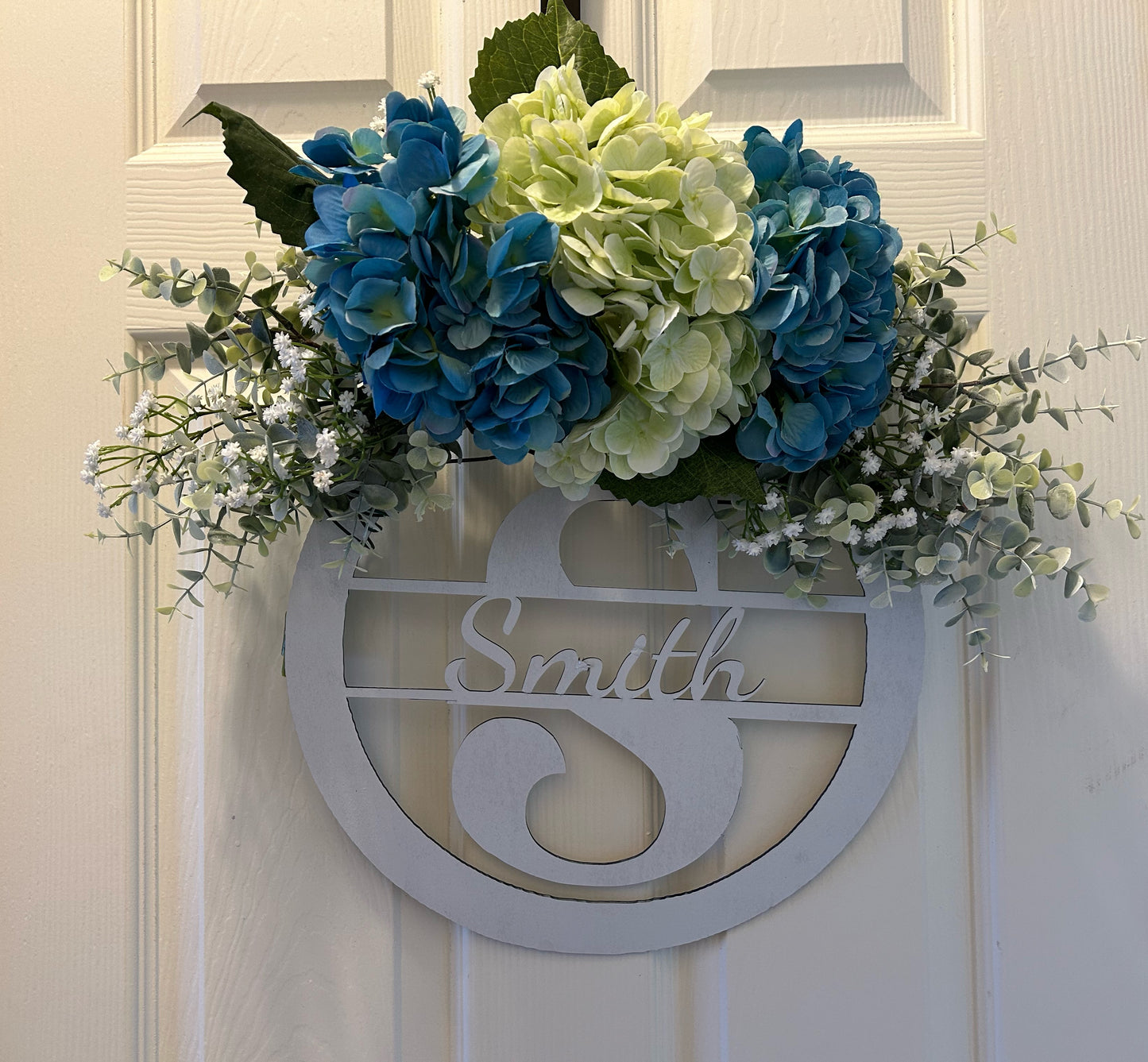 Personalized Spring Wooden Wreath in Blue & Green