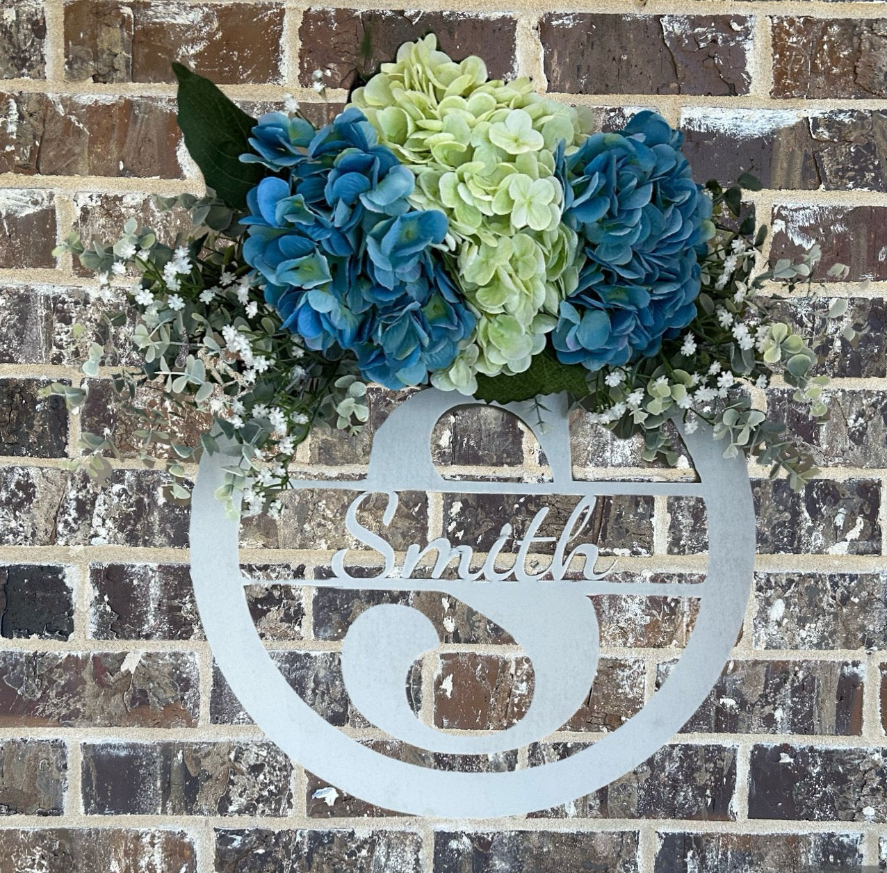 Personalized Spring Wooden Wreath in Blue & Green