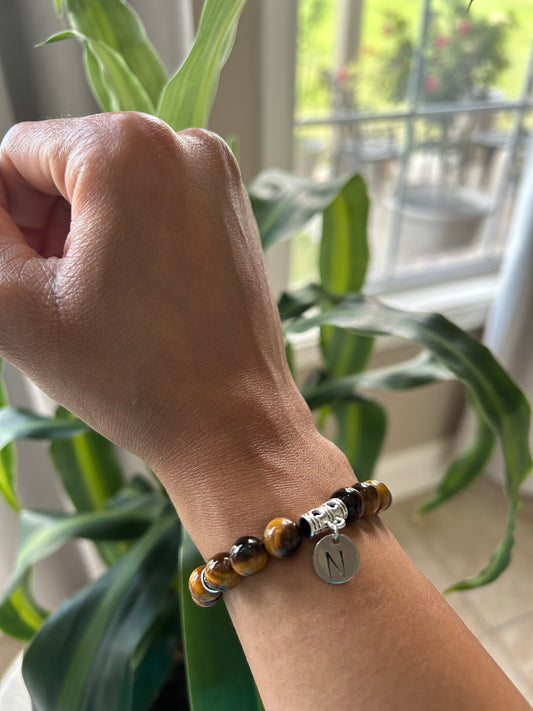 Monogram Initial Tiger Eye and Lava Beaded Bracelet