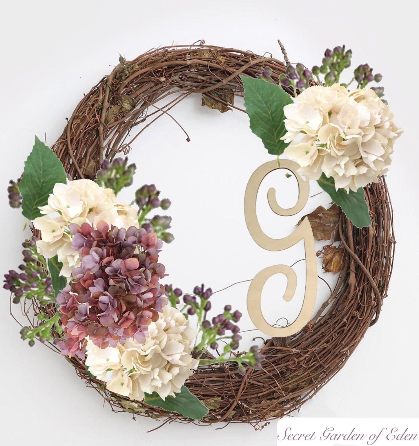 Monogram Initial Hydrangea and Chokeberry Wreath in Mauve and Ivory