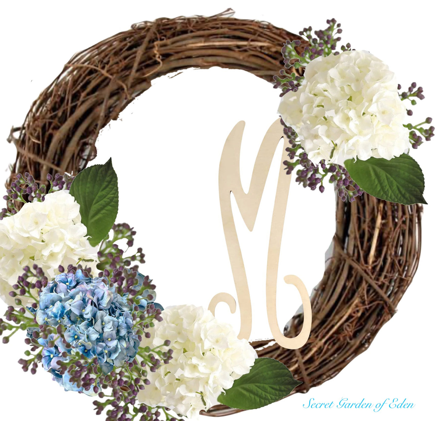 Monogram Initial Hydrangea and Chokeberry Wreath in Light Blue/Lavender and Ivory