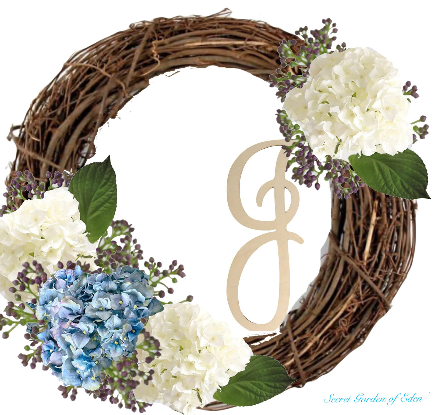 Monogram Initial Hydrangea and Chokeberry Wreath in Light Blue/Lavender and Ivory